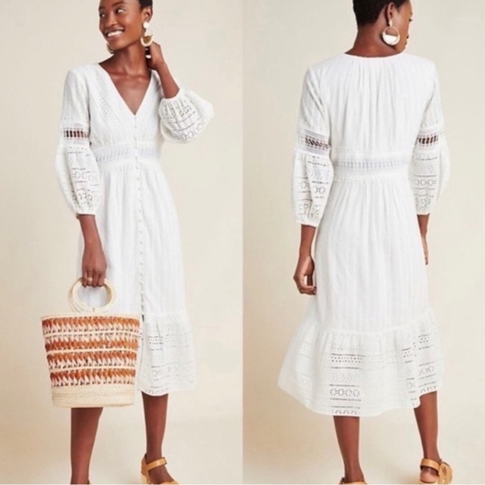 Anthropologie ebba white eyelet crochet puff sleeve midi dress